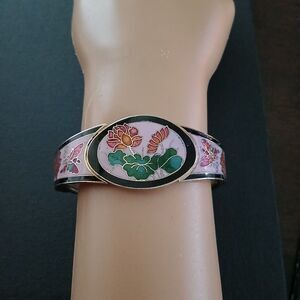 Vintage Cloisonne Enamel Floral Clamper Bracelet Gold-Tone Beautiful Jewelry Gif